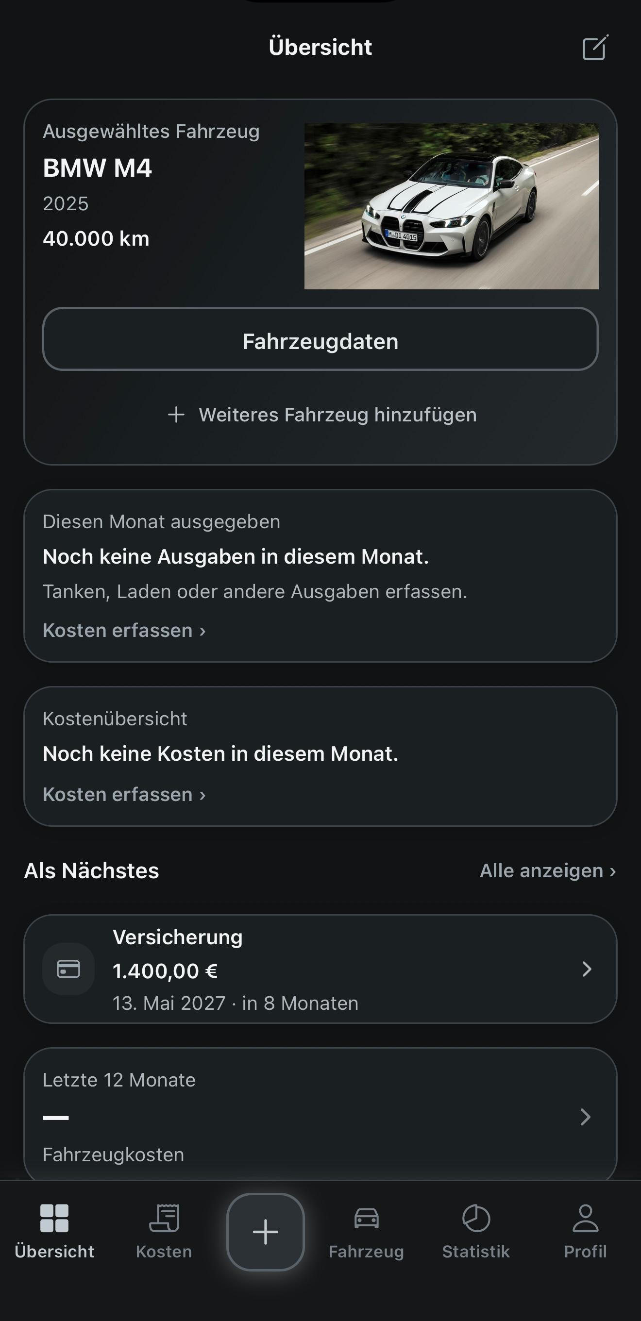 The Motyvo Übersicht mit Fahrzeug- und Kosteninformationen